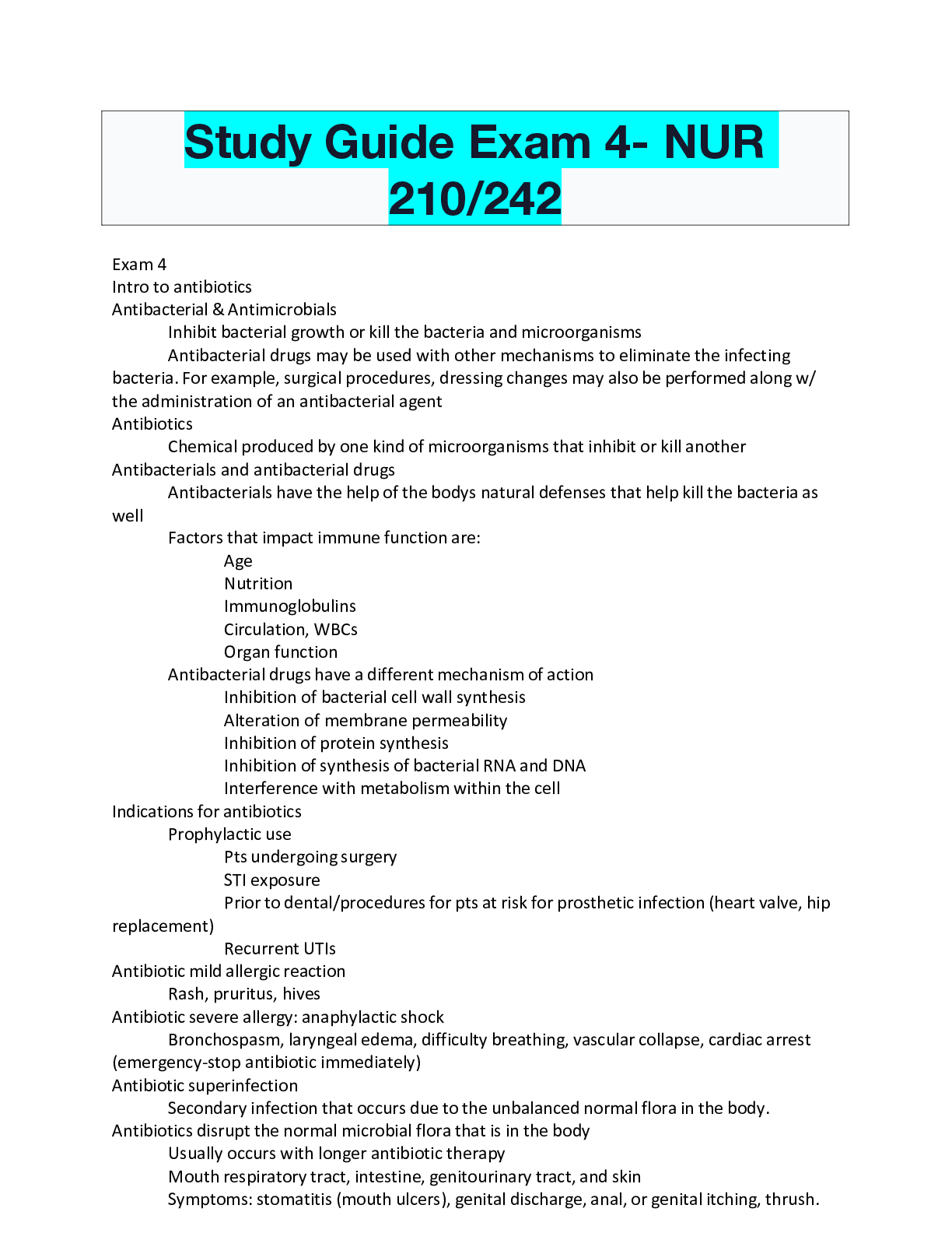 Preview image of Study Guide Exam 4- NUR 210/242 document